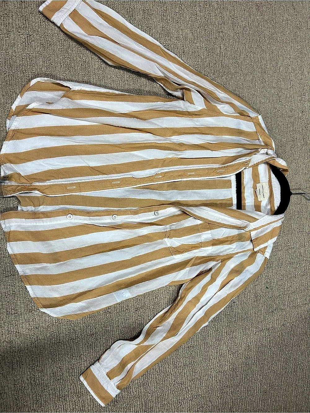 American Eagle AE Oversized Fit Striped Button-Up Shirt Yellow & White XS
